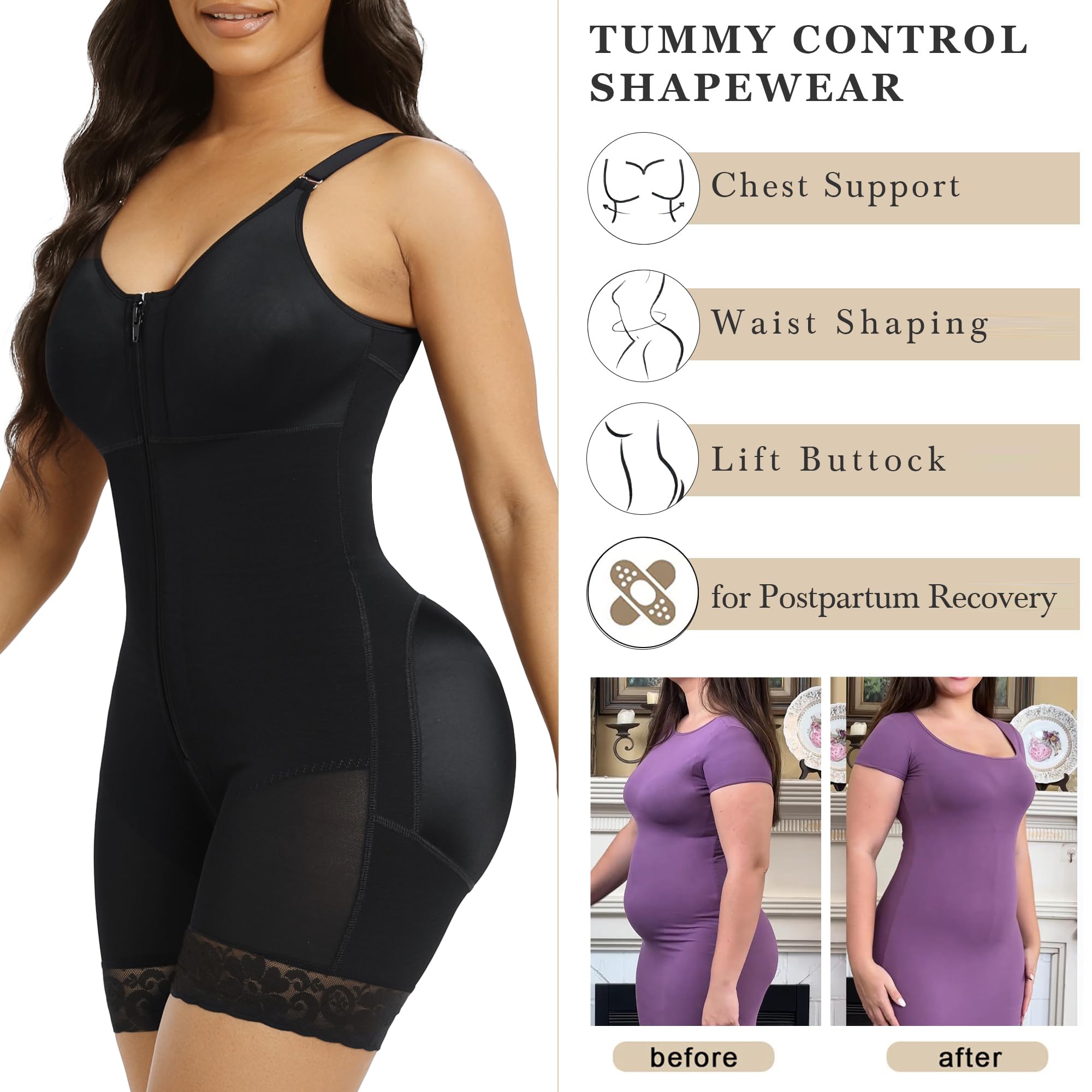 YIANNA Fajas Colombianas Postpartum Shapewear for Women Tummy Control Butt Lifter Body Shaper with Zipper Crotch